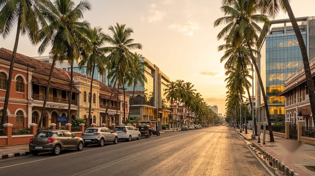 A palm-lined city avenue at golden hour, mixing older buildings with modern offices